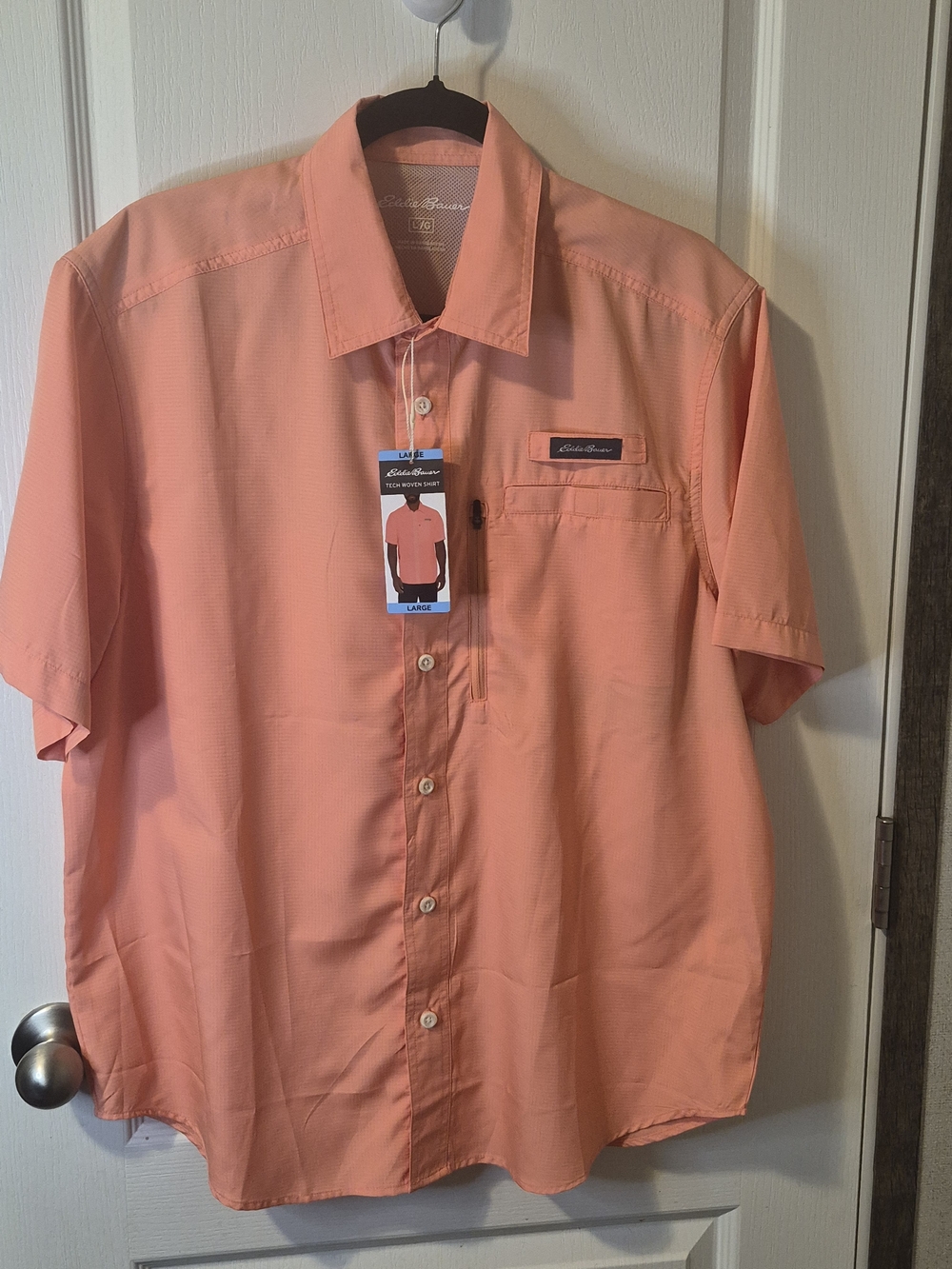 Eddie Bauer Tech Woven Short Sleeve Shirt Orange Outdoor Fishing Camping New L